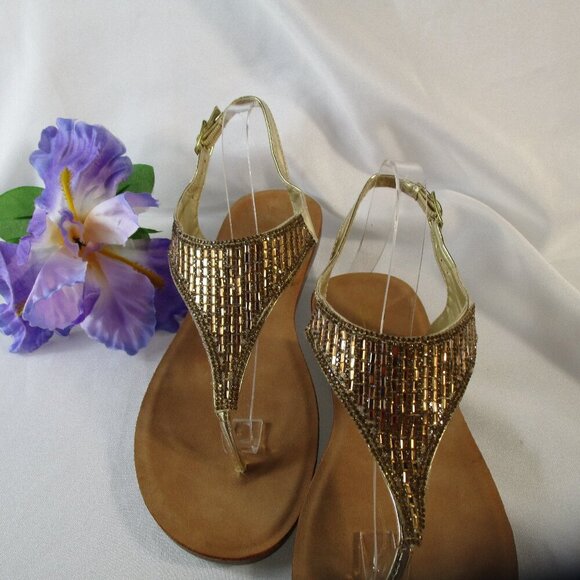 CL Laundry Gold-Tone Beaded Thong Sandals  EUC Size 40/US 9 - Picture 2 of 12